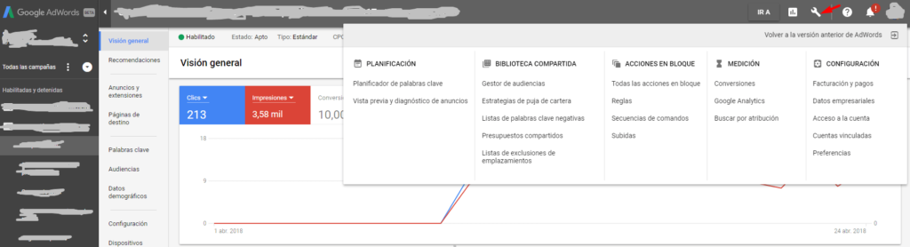 Menú herramientas y configuración nueva interfaz Google Adwords