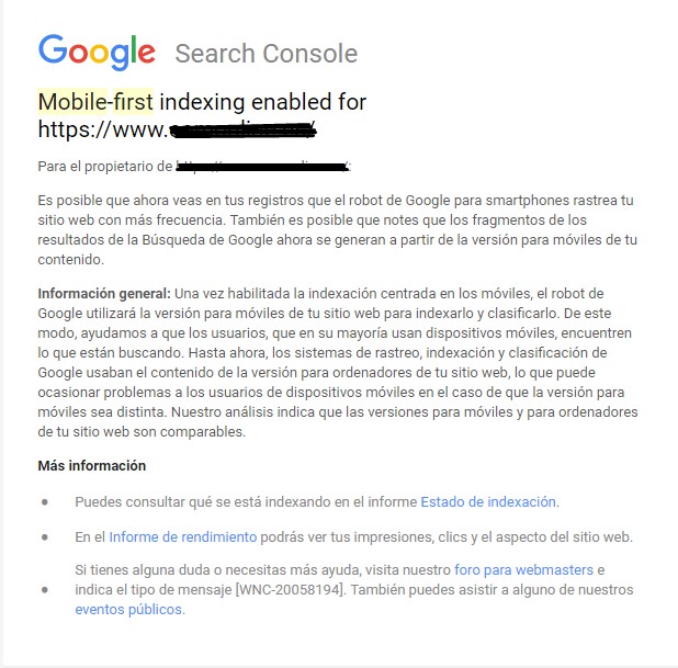 Mobile-firts index, mensaje de Google Search Console